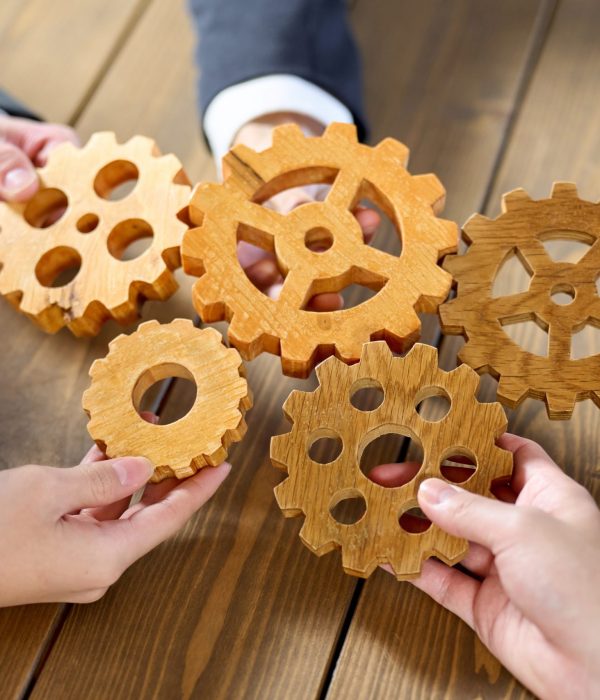 Business person with multiple gears