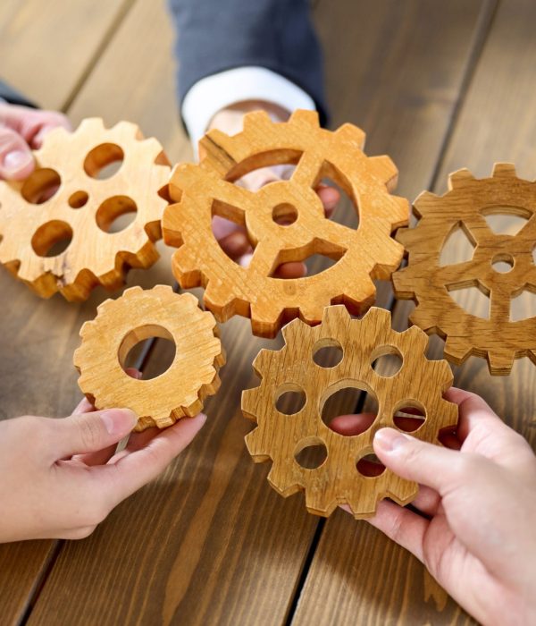 Business person with multiple gears